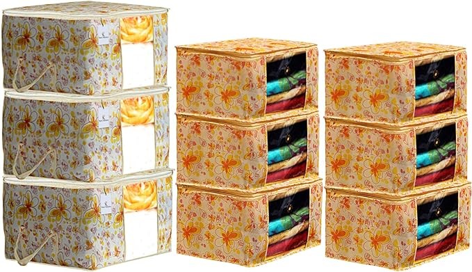 Kuber Industries Flower Printed Non Woven 6 Pieces Saree Cover and 3 Pieces Underbed Storage Bag, Cloth Organizer for Storage, Blanket Cover Combo Set (Ivory & Red) -CTKTC038640