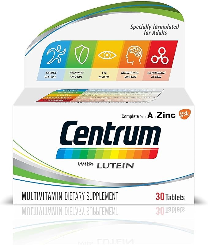 Centrum with Lutein, A to Zinc supplements for Adults with Vitamin B, C, D, Minerals, Nutrients and Trace Elements, 30 Tablets